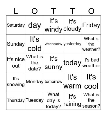 Days/Calendar Bingo Card
