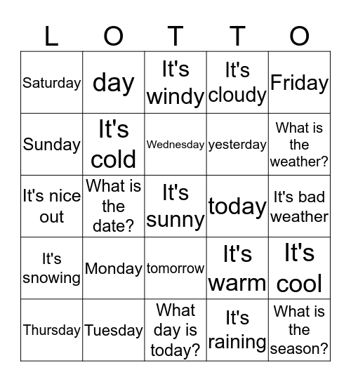 Days/Calendar Bingo Card