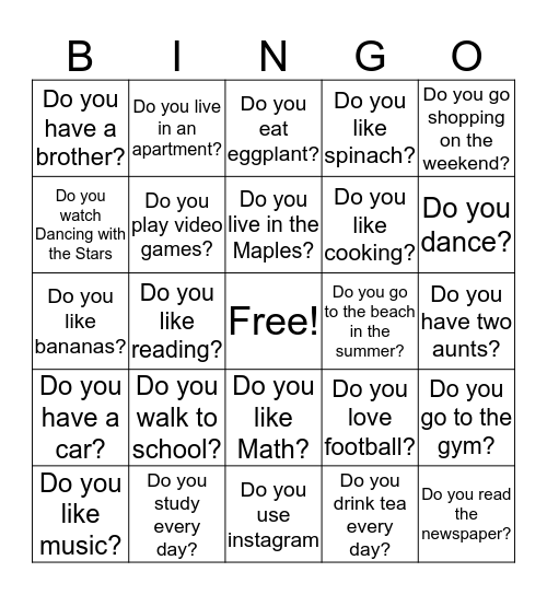 Present Simple Bingo Card