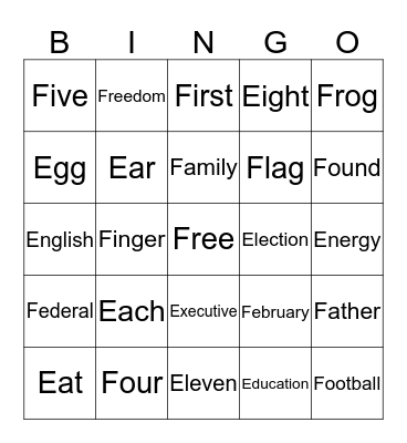 Words Begining With E and F Bingo Card