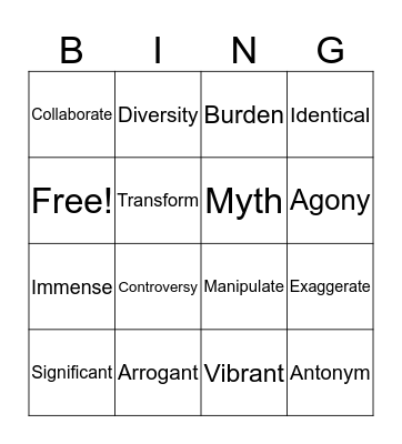 Vocabulary Bingo Card