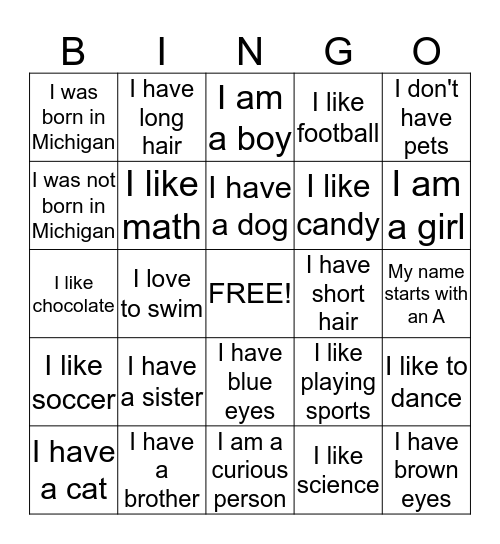 Getting to know you Bingo Card