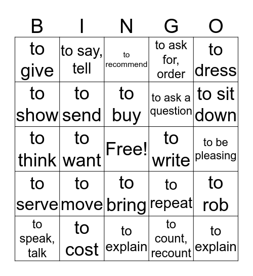 Verbs with IDO Pronouns and Stem Changes Bingo Card