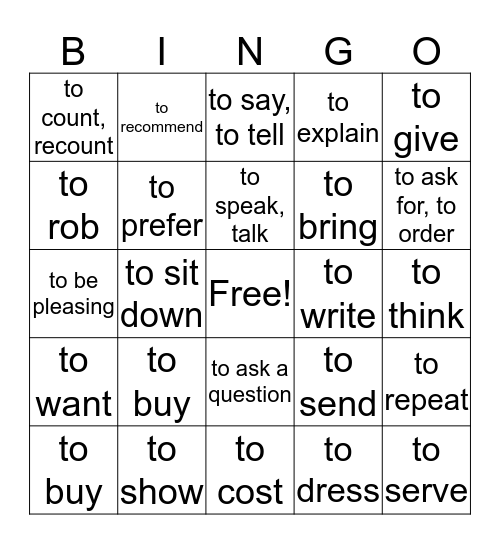 Verbs with IDO Pronouns and Stem Changes Bingo Card