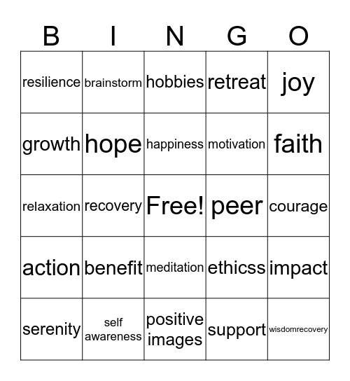 Recovery Bingo Card