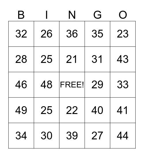 Number Bingo Card