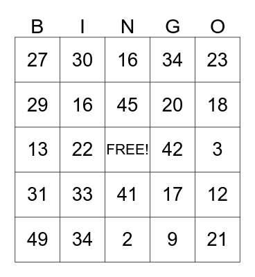 Number Bingo Card