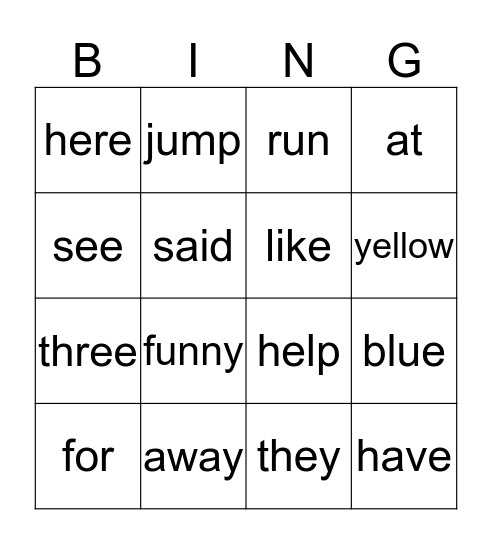 Sight Words Bingo Card