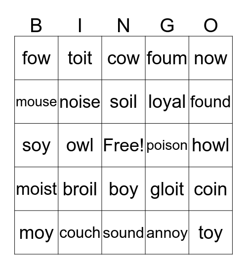 Vowel Dipthongs (ou,ow,oi,oy) Bingo Card