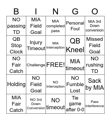 Miami Dolphins Vs New Orleans Saints Bingo Card