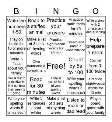 Homework Bingo Card