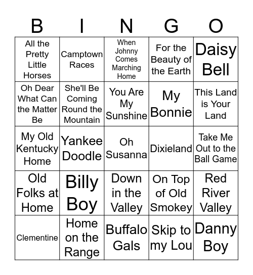 Folk Songs Bingo Card