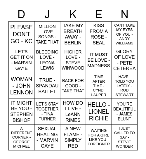 VALENTINES DAY ROCK 'N' ROLL BINGO Card
