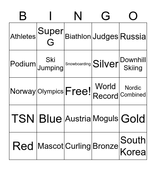 Olympic Bingo Card