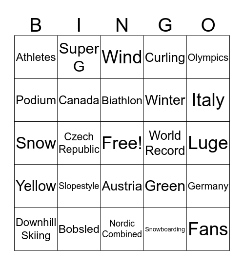 Olympic Bingo Card