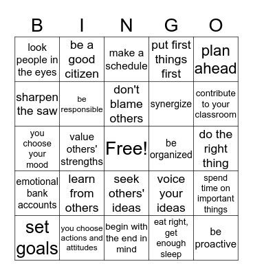 7 Habits of Highly Effective Kids Bingo Card