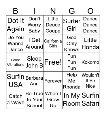 Beach Boys Bingo Card