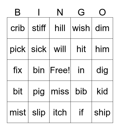 Short i Bingo Card