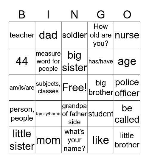 Family&Jobs Bingo Card