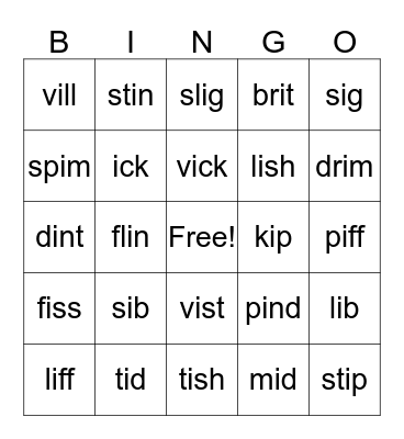 Short i Nonsense Words Bingo Card