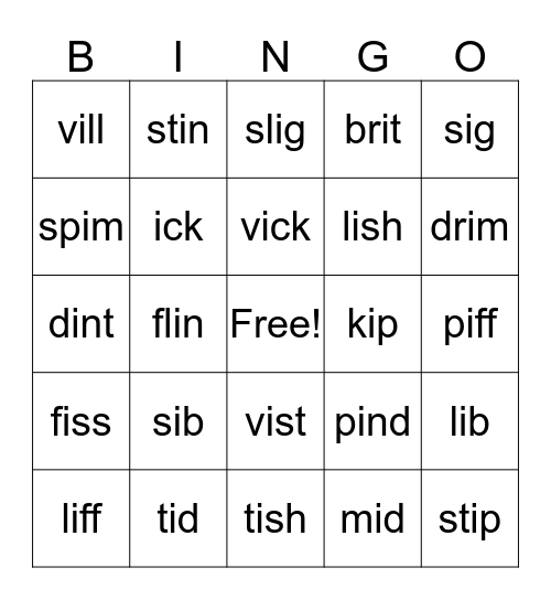 Short i Nonsense Words Bingo Card