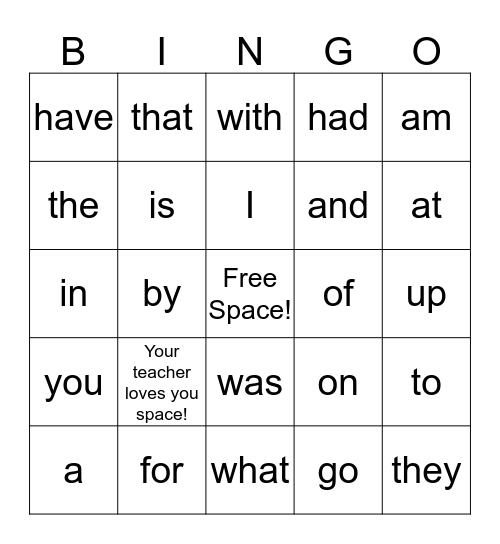 Valentines Sight Word  Bingo Card