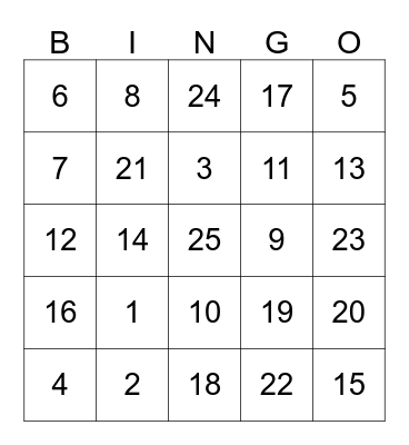Number Bingo Card