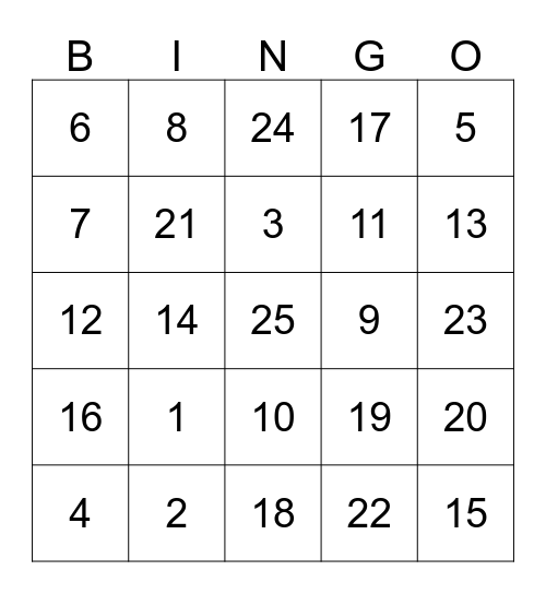 Number Bingo Card