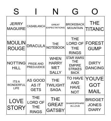 161 ROMANTIC MOVIE QUOTES Bingo Card