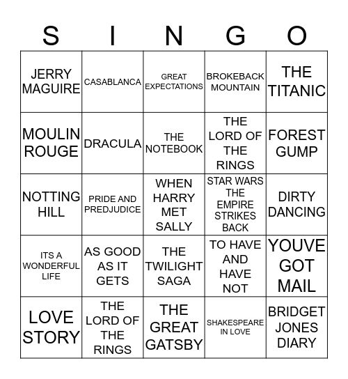 161 ROMANTIC MOVIE QUOTES Bingo Card