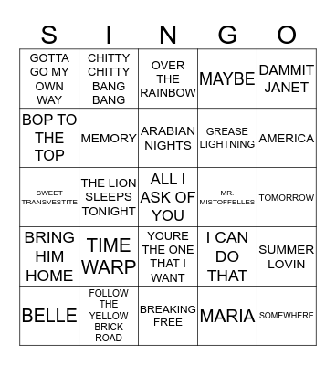 005 MUSICALS #1 Bingo Card