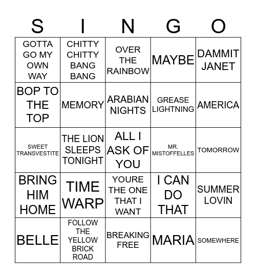 005 MUSICALS #1 Bingo Card