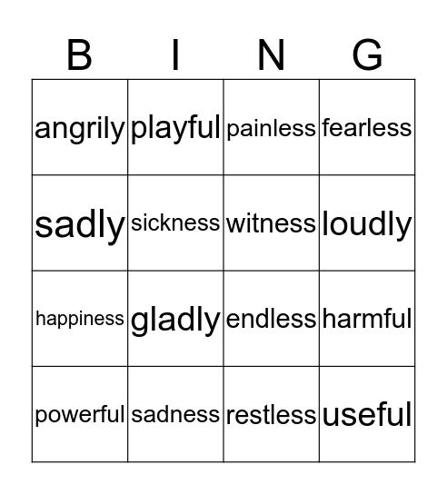 Suffix Bingo Card