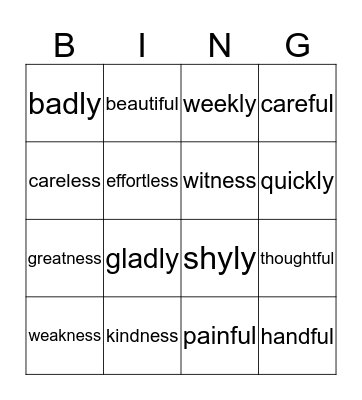 Suffix Bingo Card