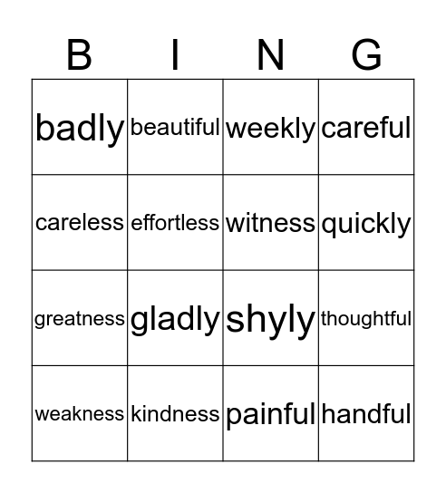 Suffix Bingo Card