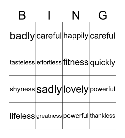 Suffix Bingo Card