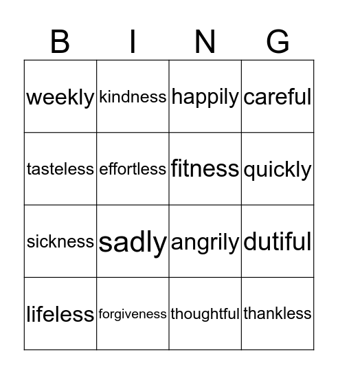 Suffix Bingo Card