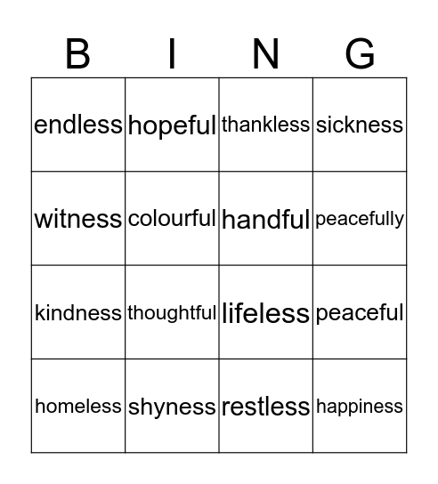 Suffix Bingo Card