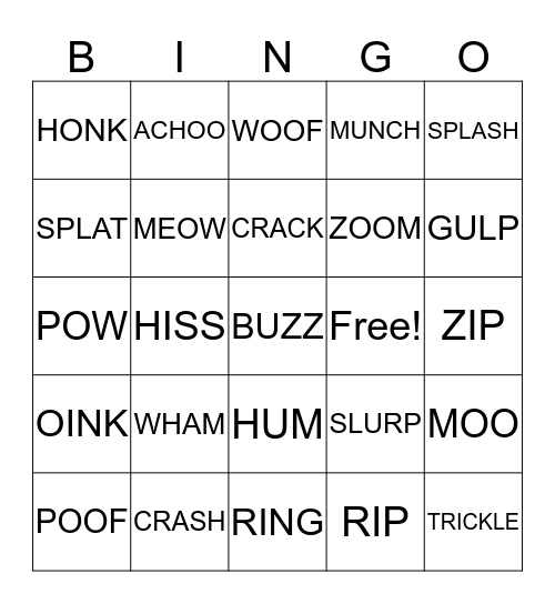 Onomatopeoia Bingo Card