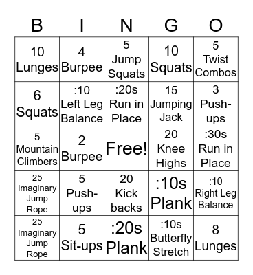 Fitness Bingo Card
