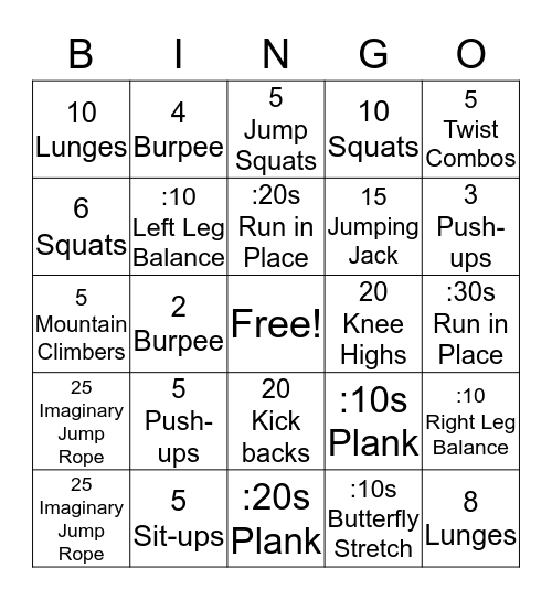 Fitness Bingo Card