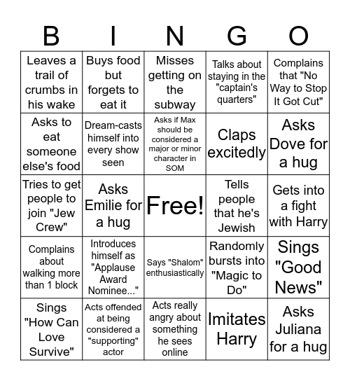 Cole Jackson NYC Trip Bingo Card