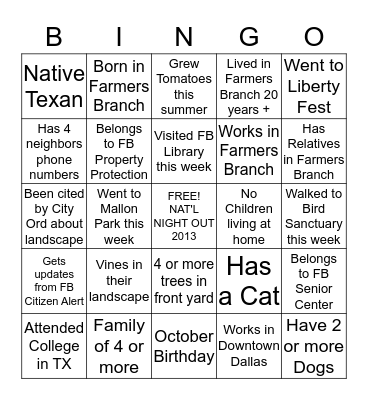 NEIGHBOR BINGO Card