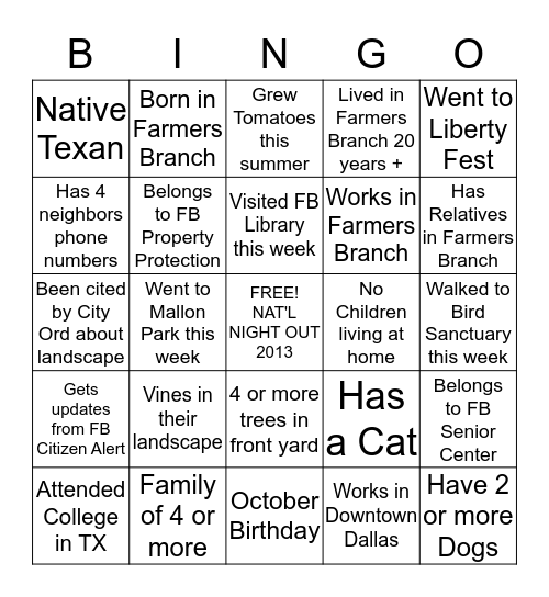 NEIGHBOR BINGO Card