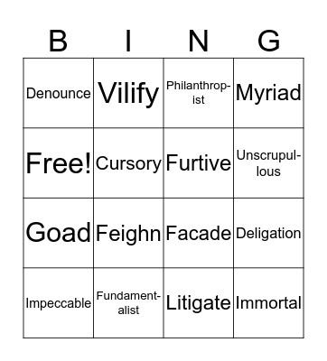 Vocabulary Bingo Card