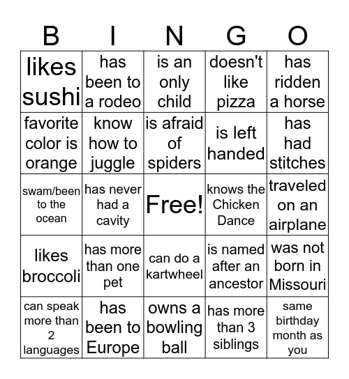 Friend Bingo - find someone who(se) Bingo Card