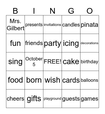 Mrs. Gilbert's Birthday Bingo Card