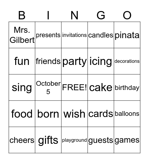 Mrs. Gilbert's Birthday Bingo Card