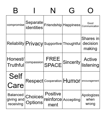 Healthy Relationships Bingo Card