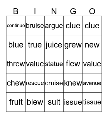 ui - ue - ew Bingo Card